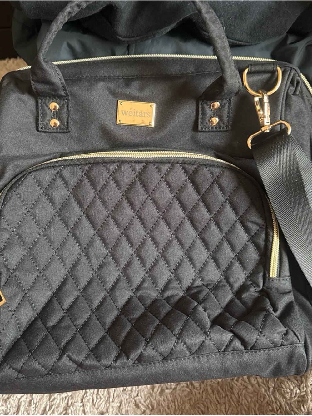 Black Quilted Satchel Bag with Gold Hardware